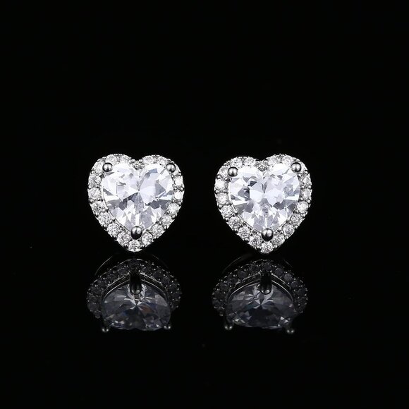 Women's Heart White Elegant Mall Dainty Halo Birthstone Cubic Zirconia Earring - Picture 4 of 6